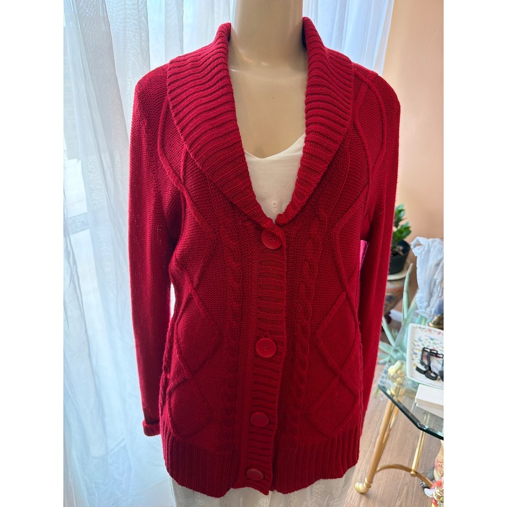 Faded‎ Glory Red Cable Knit Shawl Collar Cardigan Sweater Womens XL 16-18